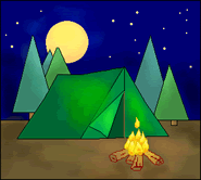 Color graphic of tent in the woods next to a bright campfire. 